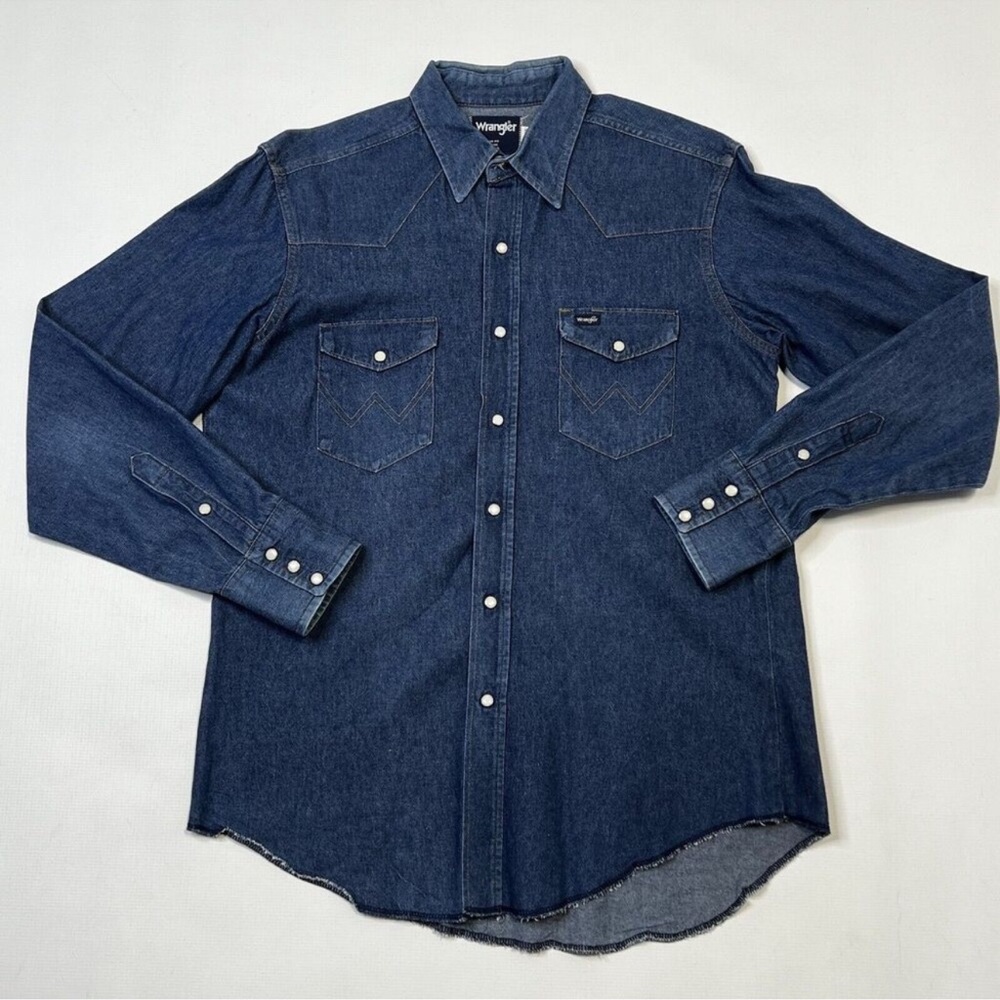Wrangler's Men's Vintage Pearl Snap Denim Western Shirt 16 1/2 x 35 XL tails